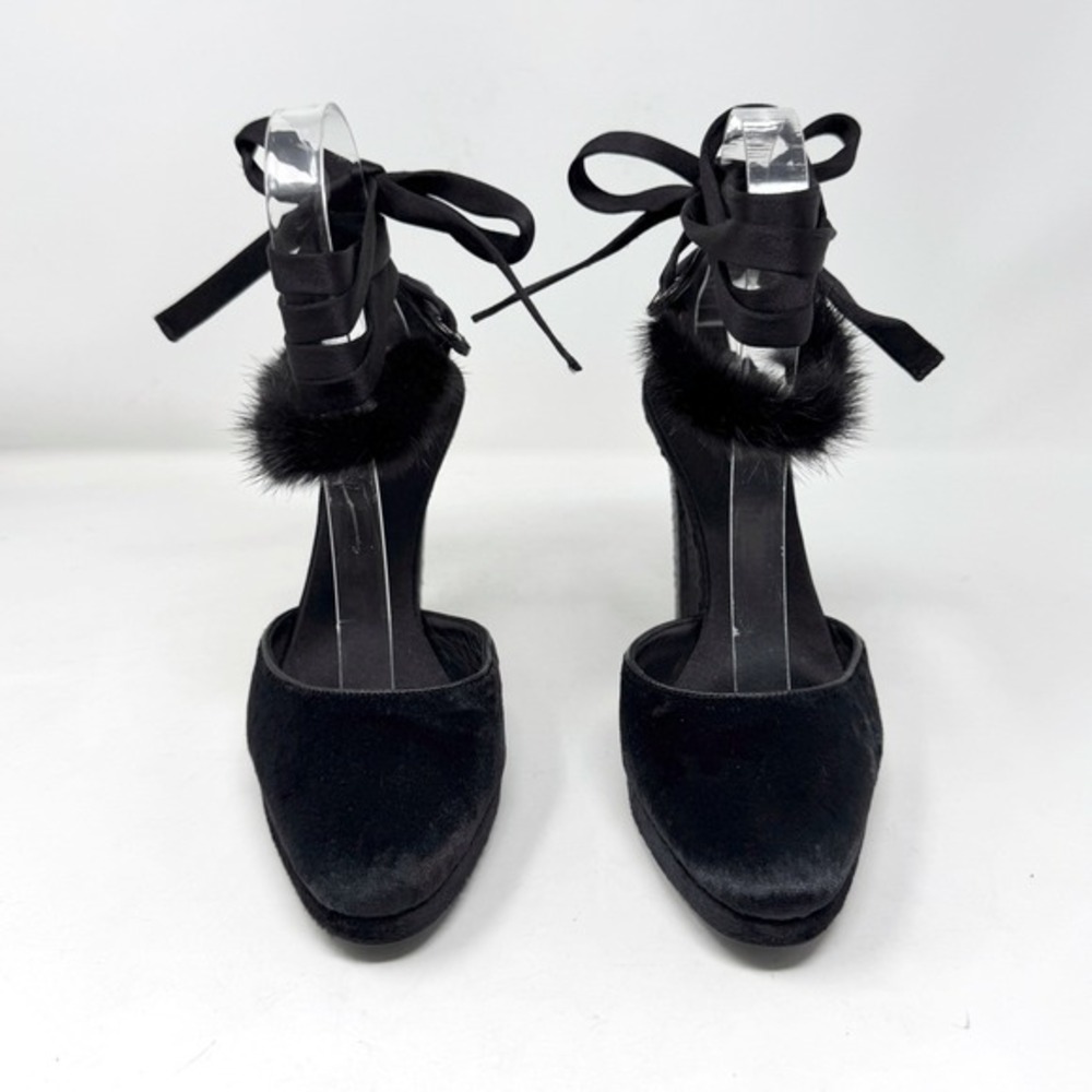 Gucci Tom Ford 2004‎ Runway Black Platform Heels Velvet Mink 36.5 - Picture 4 of 12